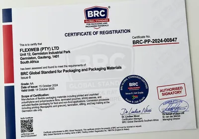 BRC Global Standard for Packaging and Packaging Materials certificate issued to Flexweb