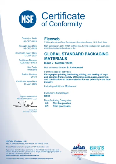 BRCGS Global Standard Packaging Materials Issue 7 certificate C0835891-BRC2 issued to Flexweb by NSF Certification LLC