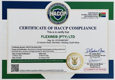 HACCP food safety certification for flexible packaging manufacture at Flexweb