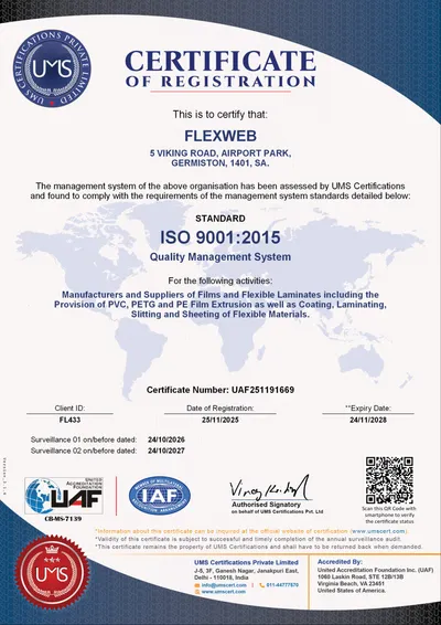ISO 9001:2015 Quality Management System certificate UAF251191669 issued to Flexweb by UMS Certifications