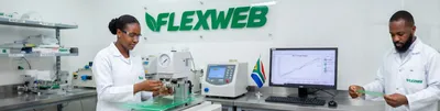 Quality control testing lab at Flexweb performing strength and barrier testing