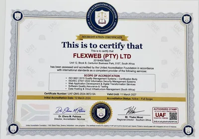 UAF United Accreditation Foundation certificate issued to Flexweb